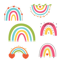 Set of cute bright baby rainbows with hearts, clouds, rain in childish isolated on white background. Collection doodle, hand-drawn vector design baby cute. Modern baby, kid illustrations