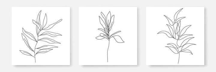 Leaves Set One Line Drawing. Botanical Poster Minimalist Style. Leaves Line Art Aesthetic Contour. Perfect for Home Decor, Wall Art Posters, or t-shirt Print, Mobile Case. Continuous Line Drawing