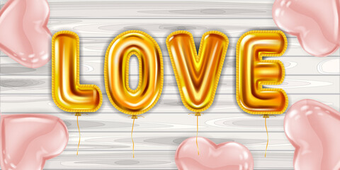 Love gold helium metallic glossy balloons realistic, background wood table, party, decoration