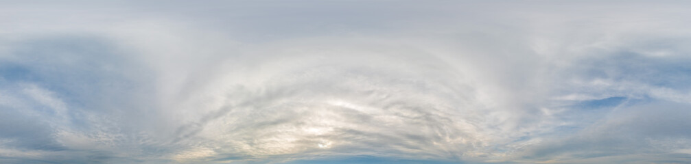 Sky panorama on overcast rainy day with low clouds in seamless spherical equirectangular format....