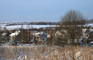 Panorama of Klin-Dmitrovsky ridge with villages in winter, Sergiev Posad district, Moscow  region, Russia