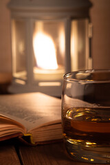 books, glass and whisky