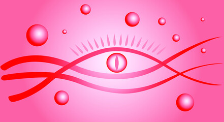 abstract red and white pattern in the form of a stylized image of an eye surrounded by red balls