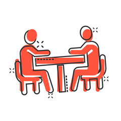 People with table icon in comic style. Teamwork conference cartoon