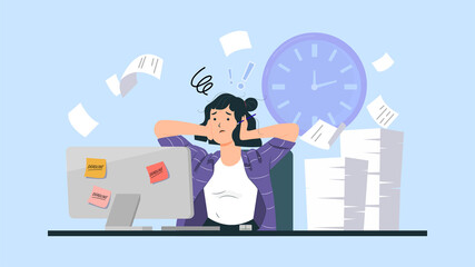Busy woman working on computer with pile of papers. Deadline concept. Approaching finishing time.