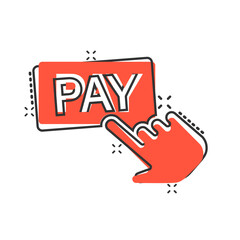 Pay shop icon in comic style. Finger cursor cartoon vector illustration on isolated background. Click button splash effect business concept.