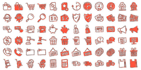 Shopping icon set in comic style. Online commerce cartoon vector illustration on white isolated background. Market store splash effect business concept.