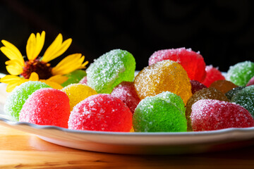 Macro photo of multicolored marmalade jelly candies.
