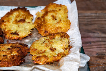 Homemade traditional potato latkes pancakes on a plate