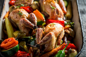 Tasty and homemade roasted quails with vegetables in casserole