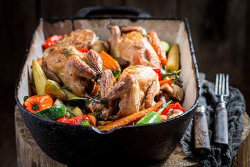 Wild and tasty quails roasted with vegetables and spices