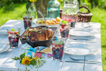 Dinner with chicken and potatoes served in sunny garden