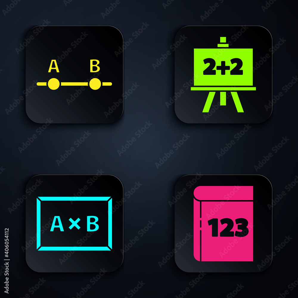 Sticker Set Book with word mathematics, Graph, schedule, chart, diagram, Chalkboard and Chalkboard. Black square button. Vector.