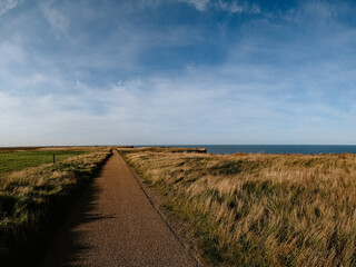 Cliff pathway at the ocean, sunny day, blue sky