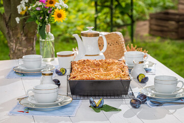 Summer dessert with coffee and plum cake in the garden