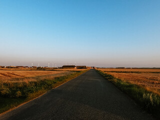 Road through the fields with a small village in the background