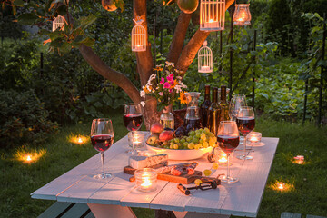 Dinner table full of wine and cheese at dusk