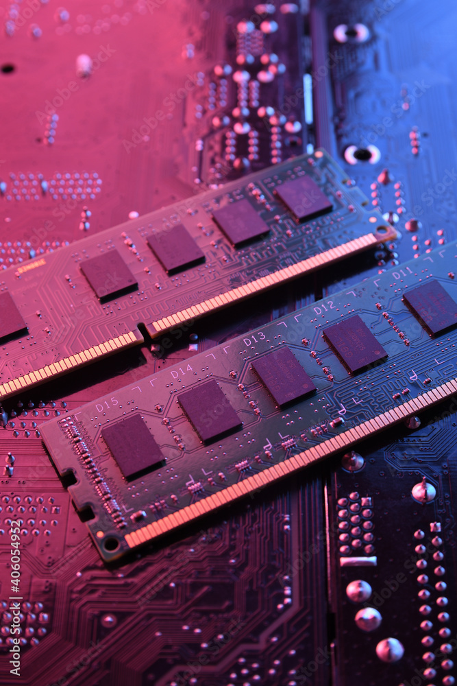 Poster Computer memory RAM on circuit motherboard background . Close up. system, main memory, random access memory, onboard, computer detail. Computer components . DDR3. DDR4. DDR5
