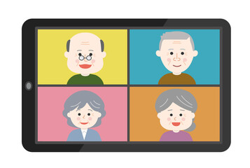 Elderly people meeting from home remotely. Vector illustration isolated on white background.