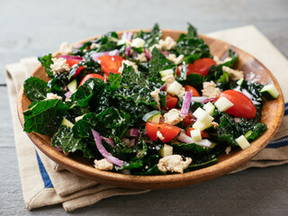 Homemade Greek style kale salad with home made vegan feta