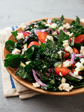 Homemade Greek style kale salad with home made vegan feta
