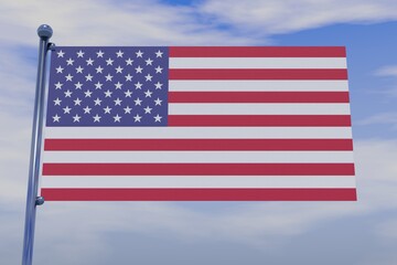 3D illustration of flag of United States Minor Outlying Islands with chrome flag pole with snap hooks in blue sky straight. High resolution flag with clarity.