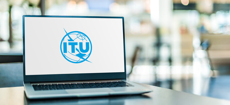 Laptop computer displaying logo of ITU