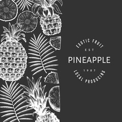 Hand drawn sketch style pineapple banner. Organic fresh fruit vector illustration on chalk board. Botanical design template.