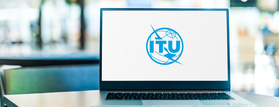 Laptop computer displaying logo of ITU