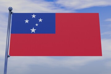 3D illustration of flag of Samoa with chrome flag pole with snap hooks in blue sky straight. High resolution flag with clarity.