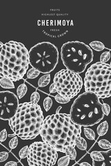 Hand drawn sketch style cherimoya banner. Organic fresh fruit vector illustration on chalk board. Engraved style botanical design template.