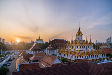 Loha Prasat or Iron Castle Monastery at Wat Ratchanatdaram temple, on Ratchadamnoen Avenue during morning, Bangkok, Thailand