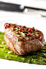 Beef Fillet With Pink Pepper and Asparagus.