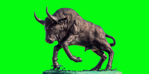 The bull statue is on green,Background