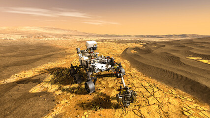 Unmanned rover vehicle on Mars exploration mission runs through planet ground . 3D illustration ....
