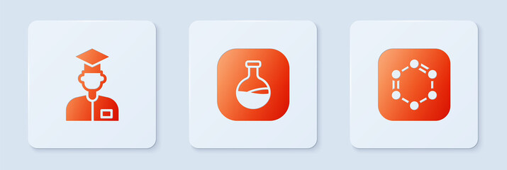 Set Test tube and flask, Laboratory assistant and Formula of benzene rings. White square button. Vector.