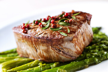 Beef Fillet With Pink Pepper and Asparagus.