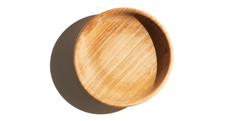 Empty wooden textured cup bowl isolated on white background top view.