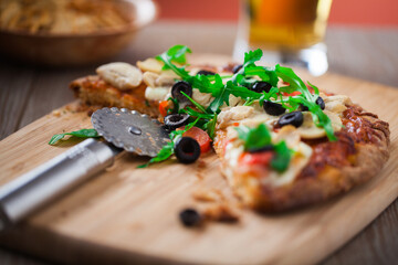 Cheese and Champignon Pizza on Wooden Board.