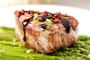 Beef Fillet With Pink Pepper and Asparagus.