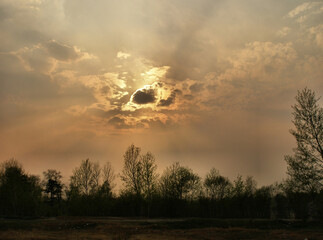 Soft Blurred Breathtaking  Cloudy sky at sunset or sunrise with sunlight. Dramatic sky cloudscape...