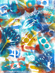 Abstract graffiti style painting with wildflowers, shapes, artwork in blues