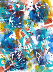 Abstract wildflower monoprints, graffiti style painting with handcut stencils and paint, in blue
