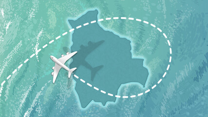 airplane flying on bolivia Map Travel visit discover bolivia 8K illustration.