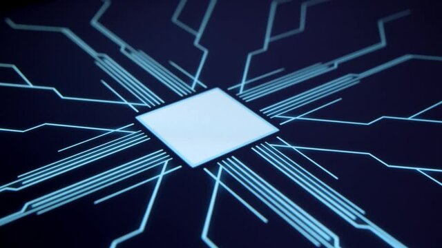 Human finger is pressing a digital button on a glowing touchscreen. Futuristic microprocessor is starting the operation of the computer program. Machine learning and artificial intelligence.