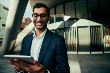 Mixed race business man smiling while walking to work typing on digital tablet 