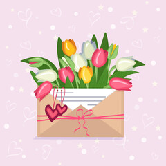 Tulips in a craft envelope with a love note and hearts