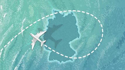 airplane flying on Germany Map Travel visit discover Germany 8K illustration.