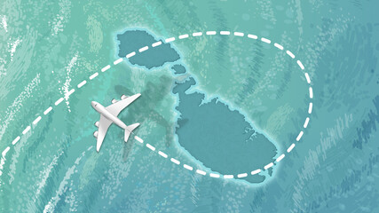 Fototapeta na wymiar airplane flying on Malta Map Travel visit discover Malta 8K illustration.