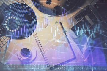 Multi exposure of forex chart drawing and work table top veiw. Concept of financial analysis.